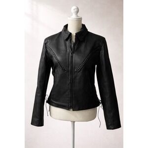 UNIK Leather Apparel Womens Black Braided Moto Biker Jacket Size M Zip‎ Up Lace